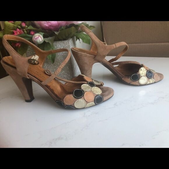 Chie Mihara Suede & Leather Vintage Peep-Toe Heels Size 7 Tan, Golden& Black - Picture 5 of 6